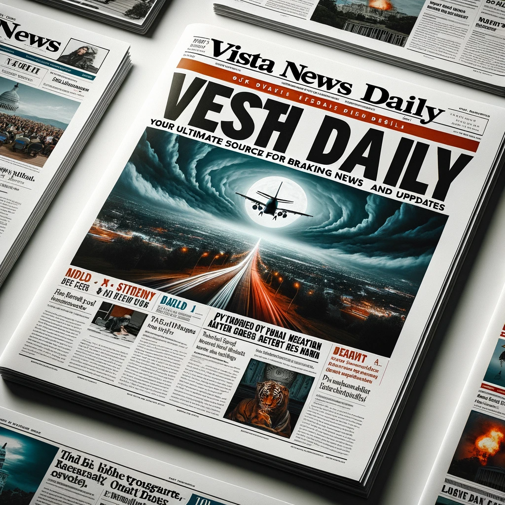 A front page of 'Vista News Daily' with a modern layout, featuring prominent headlines and a large photo for the top news story.