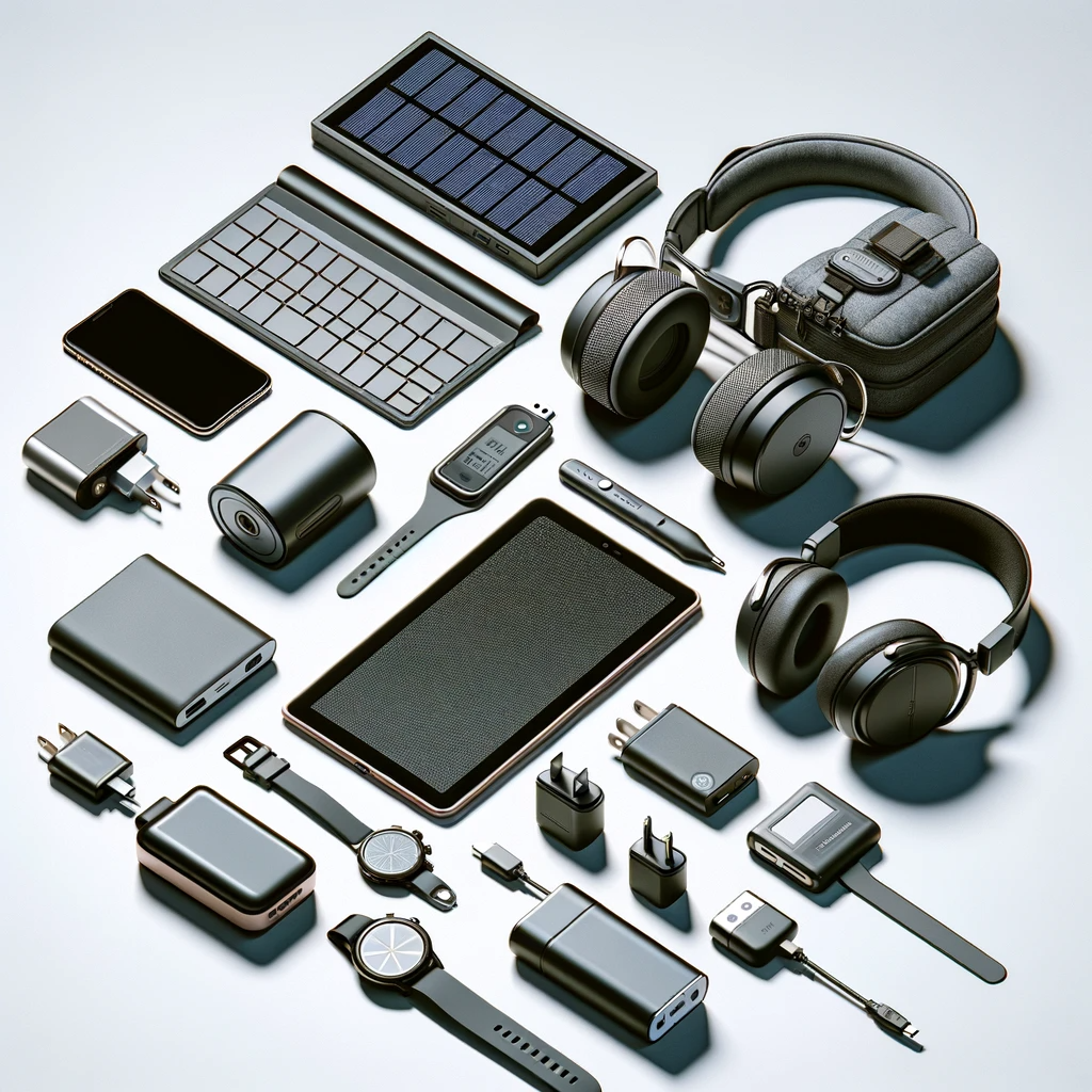 Collection of top 10 essential tech gadgets for modern nomads including a laptop, smartphone, solar charger, and more, arranged on a clean background.